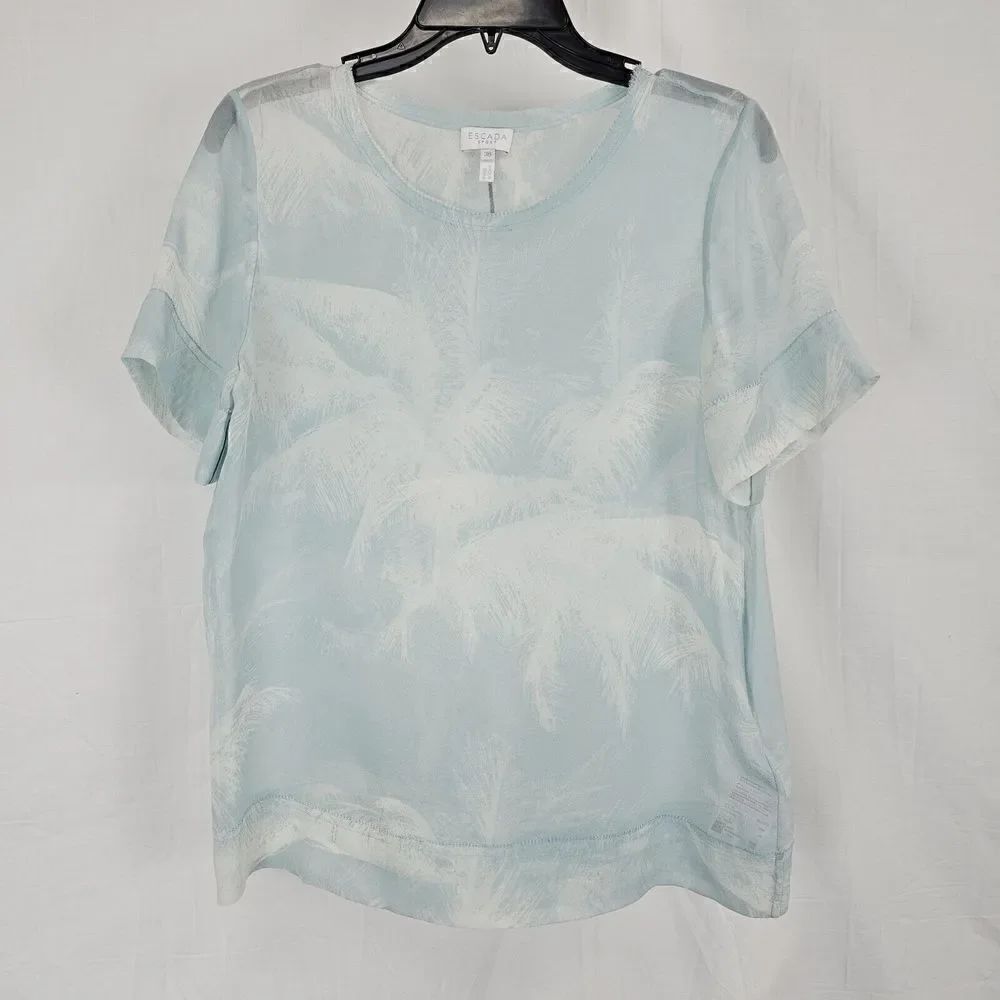 Escada Sport Light Blue Shear Palm Print Tee Shirt Blouse Women's Size 36